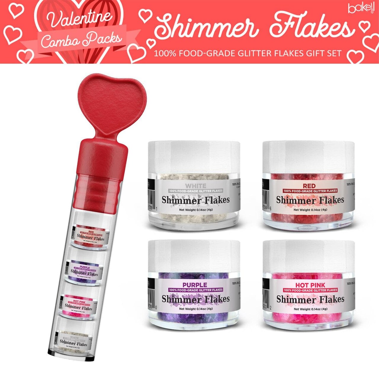 Bakell - Valentine's Day Collection Edible Shimmer Flakes Heart Gift Pack (4PC Set)